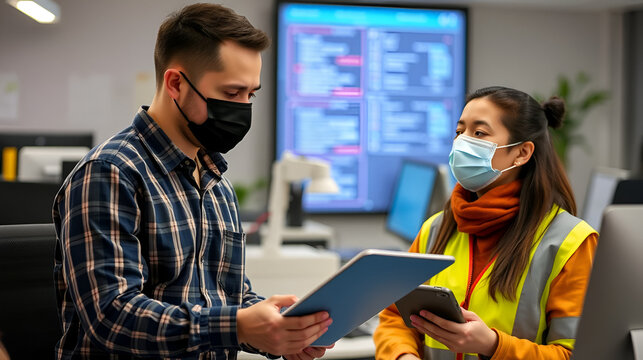 Two employees at workplace during pandemic