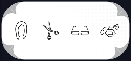 outline icons set - woman clothing concept. hair wig, scissors inverted view, reading eyeglasses, parfum bottle.