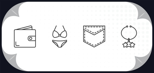 outline icons set - woman clothing concept. wallet, bikini, pocket, star pendant.
