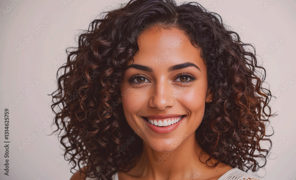 Aufkleber woman with curly hair is smiling and looking at the camera. she has a bright and happy expression on