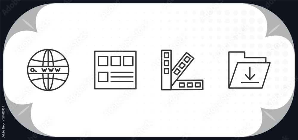 Poster outline icons set - web hosting concept. domains, mockup de, color scheme, upload file.