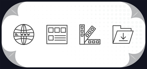 outline icons set - web hosting concept. domains, mockup de, color scheme, upload file.