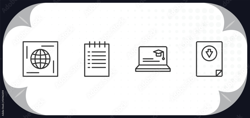 Aufkleber outline icons set - web concept. world wide web on grid, create list button, looking for students, d