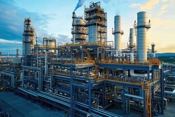 Industrial Refinery Complex at Sunset: Detailed Aerial View