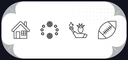 outline icons set - united states of america concept. white house, thanksgiving ornament, statue of liberty, rugby.