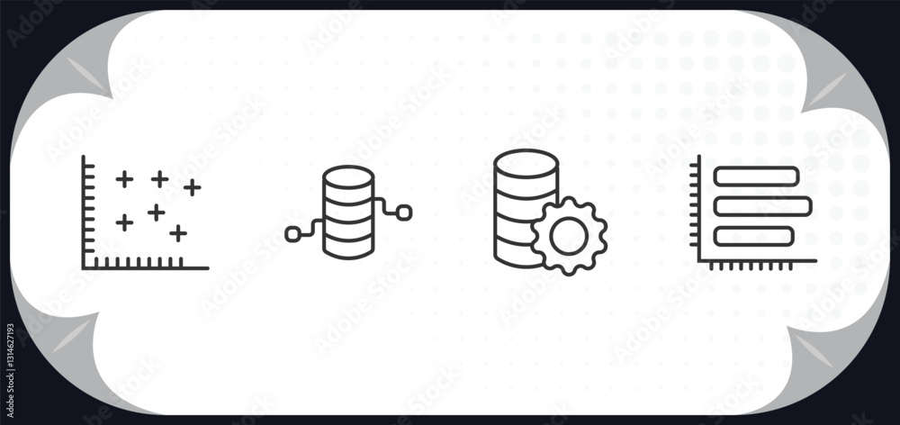 Poster outline icons set - user interface concept. spotted data, data analytics cylinder, data analytics ti
