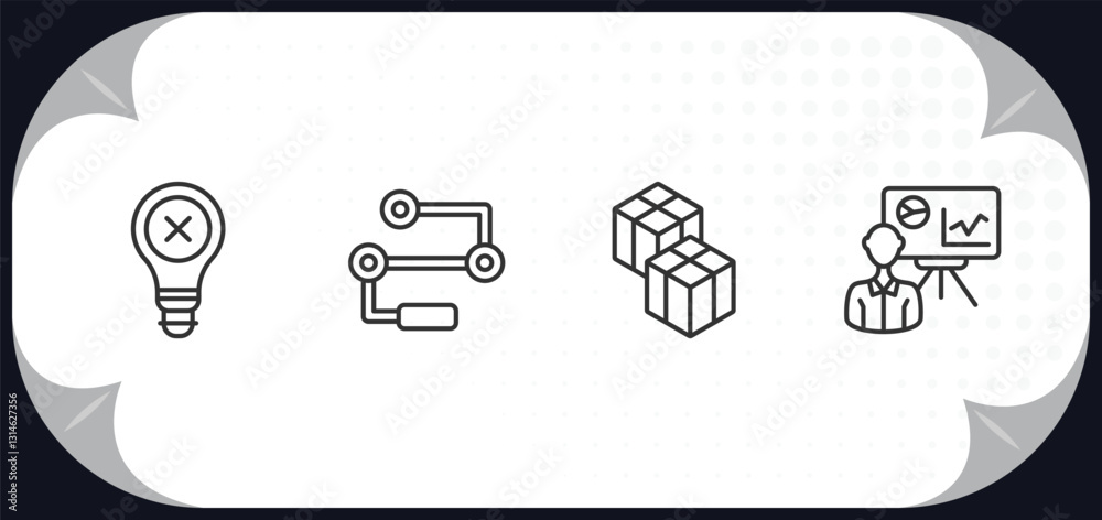 Poster outline icons set - user interface concept. bad idea, flow chart interface, cube of squares, person 
