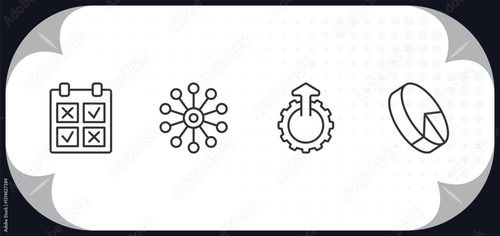 Poster outline icons set - user interface concept. comparision table, data analytics wheel, upload up, 3d p