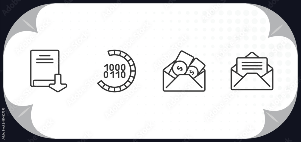 Poster outline icons set - user interface concept. download ebook, binary code loading, dollars in a mail, 