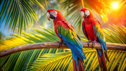 Obraz premium Vibrant Scarlet Macaws Perched on a Branch Amongst Lush Tropical Foliage at Sunset