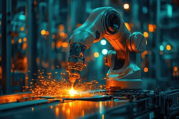 Industrial Robot Arm Welding with Sparks, Futuristic Factory, Automated Manufacturing Process