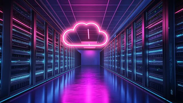 A cloud symbol floating above a highly organized server room, casting a soft glow on the servers, illustrating the seamless integration of cloud technology into the existing infras