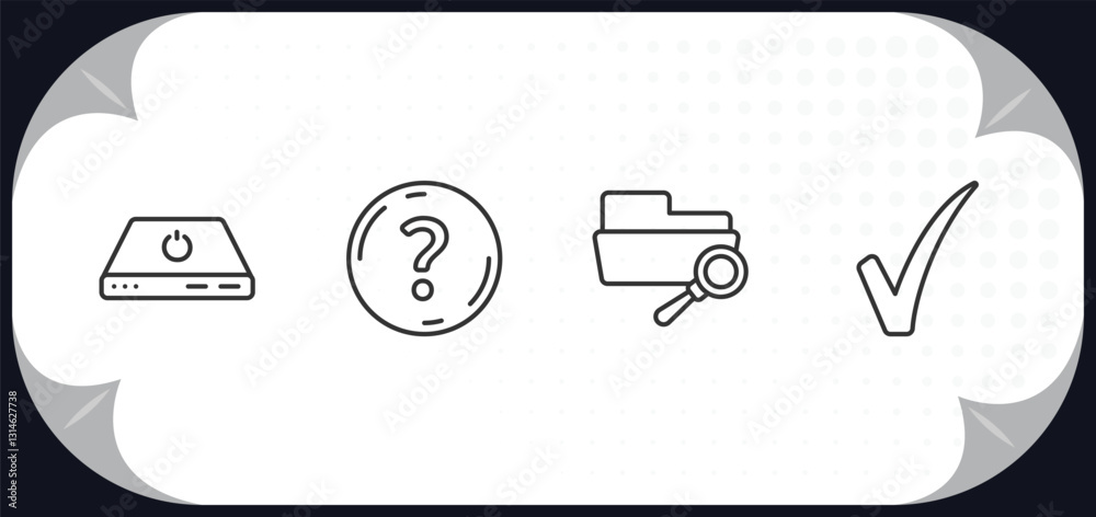 Poster outline icons set - user interface concept. tiny power, round help button, search in folder, tick ma