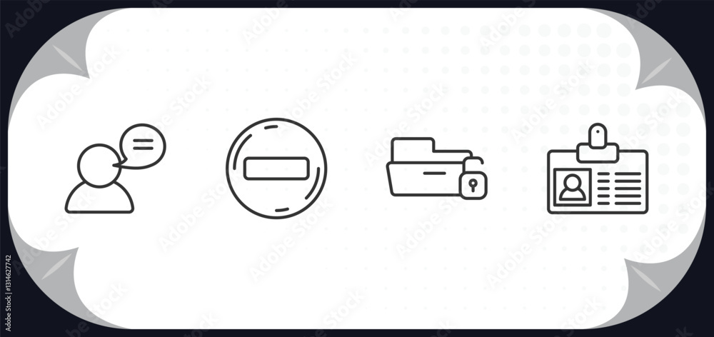 Poster outline icons set - user interface concept. user with speech bubble, remove round button, unlock fol