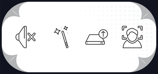 outline icons set - user interface concept. sound off, magic wand button, uploading from drive, face detection.