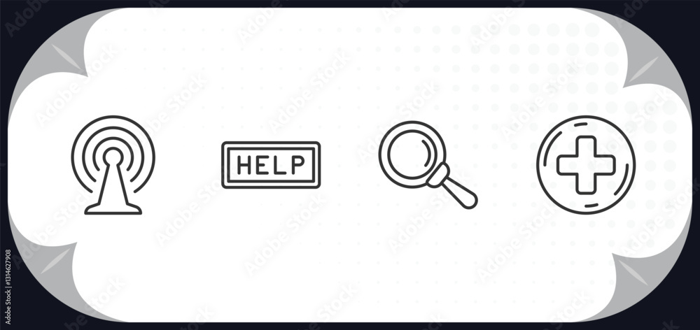 Poster outline icons set - user interface concept. connection, help web button, glass material, round add b