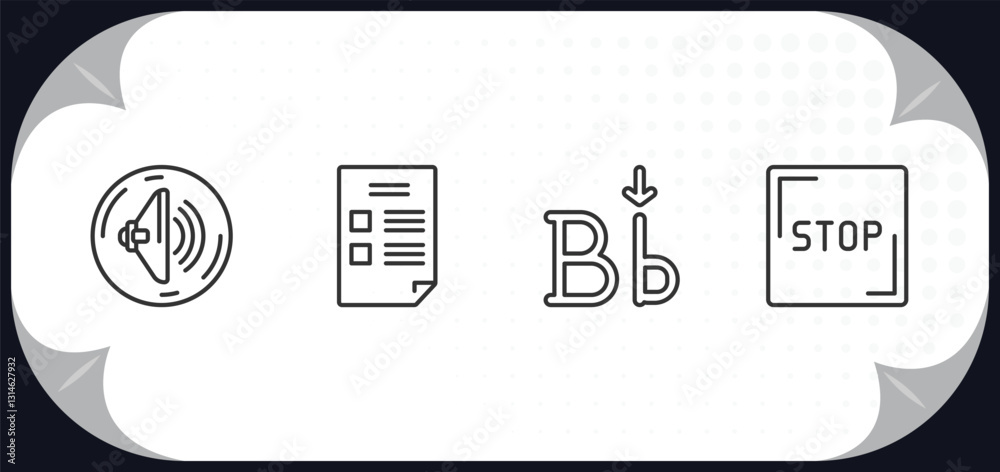 Poster outline icons set - user interface concept. round volume button, blank file, letter i, square stop b