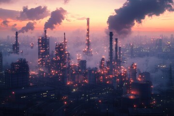 Obraz premium Industrial Sunset: Nightfall over Oil Refinery Complex