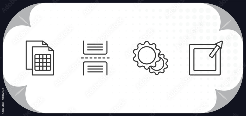 Poster outline icons set - user interface concept. document with tables, page break, tings, external.
