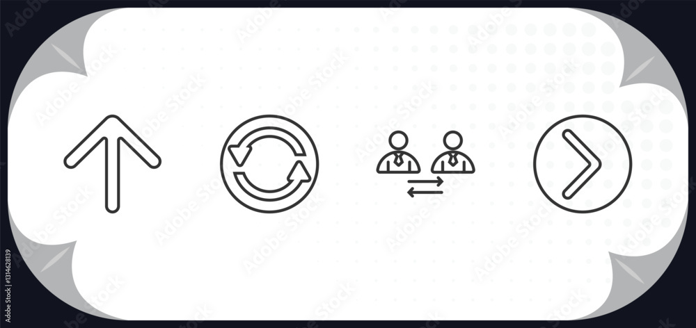 Poster outline icons set - user interface concept. top arrow, synchronisation, user exchange, right button.