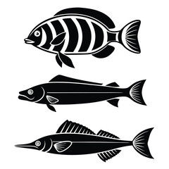 Ocean Fish Silhouettes Collection Butterflyfish, Eel, Rockfish, and Flying Fish