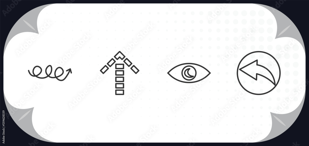Poster outline icons set - user interface concept. arrow with scribble, up broken line arrow, viewer, back 