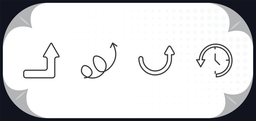 outline icons set - user interface concept. right up arrow, swirly arrow, curved up arrow, circular clock.