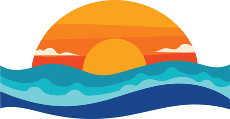 Beach sunset with waves crashing vector illustration
