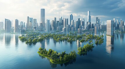 Naklejka premium Futuristic City Partially Submerged Aerial View of Modern Skyscrapers