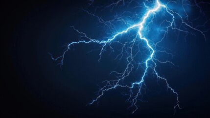 Bright Blue Lightning Bolt Strikes Across Dark Background Representing Electric Energy
