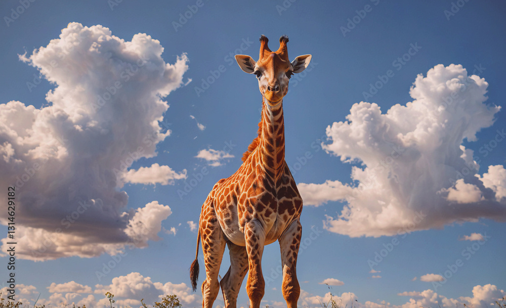 Poster giraffe stands in front of a cloudy sky. the giraffe is looking up at the sky, and the clouds are sc