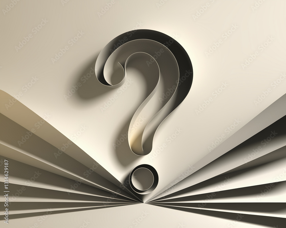 Poster A large question mark cut from beige paper pages of an open book, creating a three-dimensional effect symbolizing curiosity, inquiry, and knowledge seeking