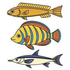 Collection of Marine Silhouettes Butterflyfish, Eel, Rockfish, and Flying Fish