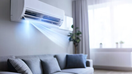 Split air conditioner unit mounted on a wall in a modern living room, with blue light streaks indicating airflow. Ideal for home appliance themes, cooling concepts, and interior climate control visual