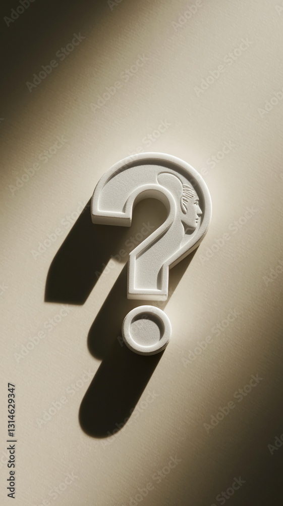 Poster white large question mark with profile relief, cast shadow on beige background, symbolizes inquiry, 