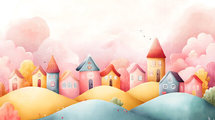A colorful winter village with Easter eggs on a wooden background and fence in a snowy cartoon landscape