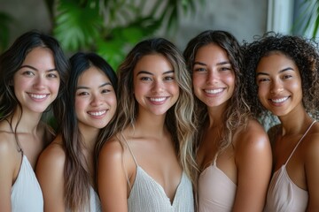 Fototapeta premium Five young women with diverse ethnicities stand together, smiling warmly at the camera.