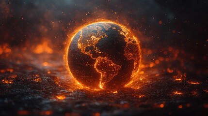 Obraz premium Burning Planet: A fiery digital artwork depicting Earth engulfed in flames, symbolizing environmental crisis or global catastrophe.