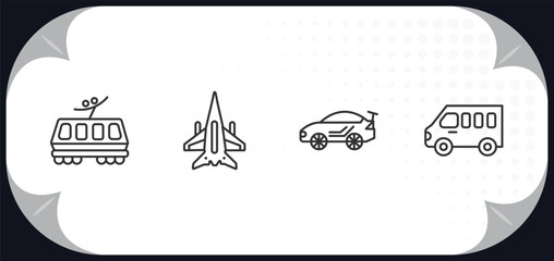 outline icons set - transportation concept. light rail, military airplane, sport car, minibus.