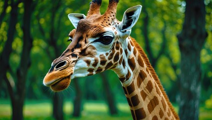 Obraz premium Close-up of a giraffe in front of some green foliage.