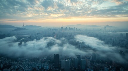 Obraz premium Misty City Sunrise Aerial View of Urban Landscape at Dawn High