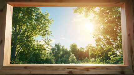 Sun shining over trees in a forest, seen through a wooden frame, inspiring feelings of peace and tranquility