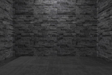 Dark stone brick wall interior with textured surface for modern design and architecture. 3d render