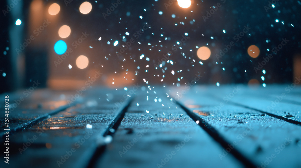 Leinwandbilder snowflakes falling on a wet wooden surface at night, creating a magical atmosphere with bokeh lights