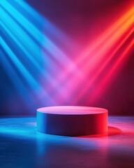 Minimalist product display podium with vibrant blue and red neon lights on a textured concrete surface studio shot