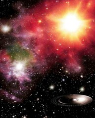 Obraz premium Distant Galaxy with Glowing Nebula and Black Hole in Deep Space