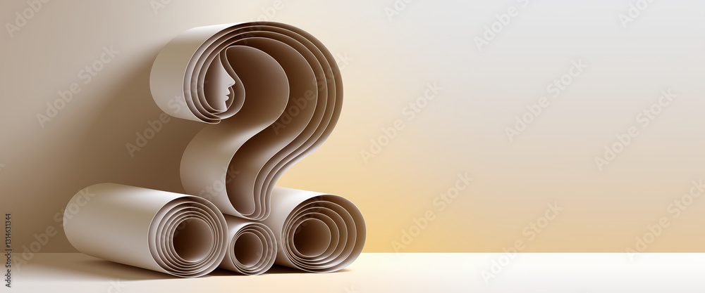Poster abstract beige paper scrolls forming a large question mark with a woman's face silhouette, showcasin