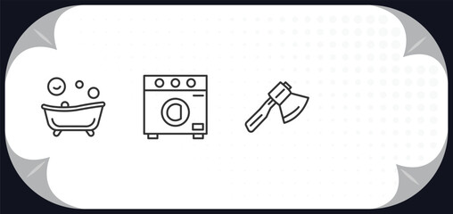 outline icons set - tools and utensils concept. bath tub, tattoo, top load washer, hand axe.
