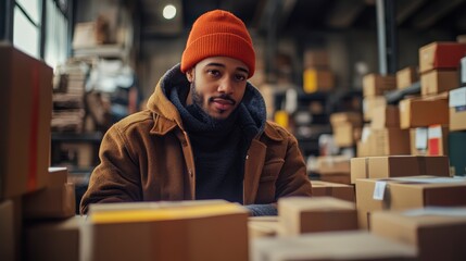Portrait Of A Young Man In A Warehouse Setting Amidst Boxes And