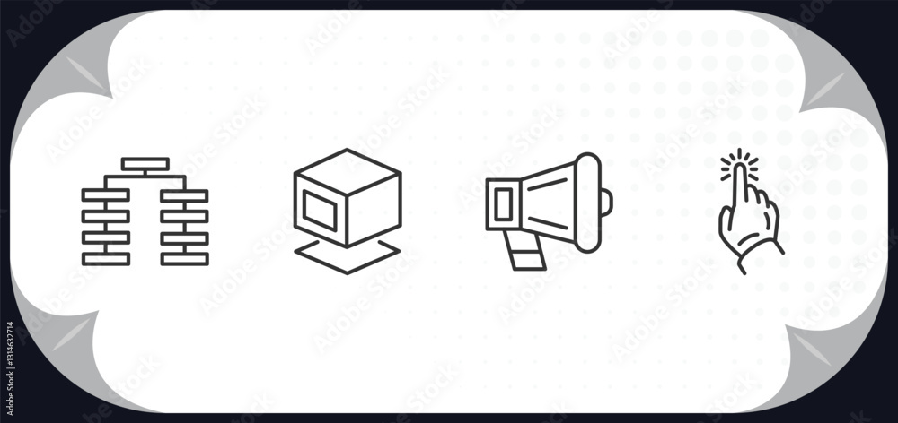 Poster outline icons set - technology concept. type hierarchy, virtual box, call to action, click through r